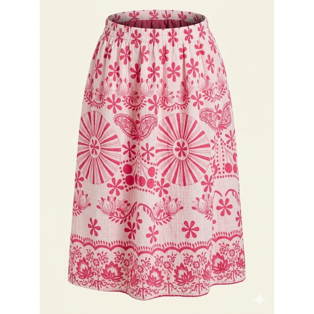 Nina Leslie Cotton Gauze Bohemian Peasant Skirt Vintage Pink White Block Print